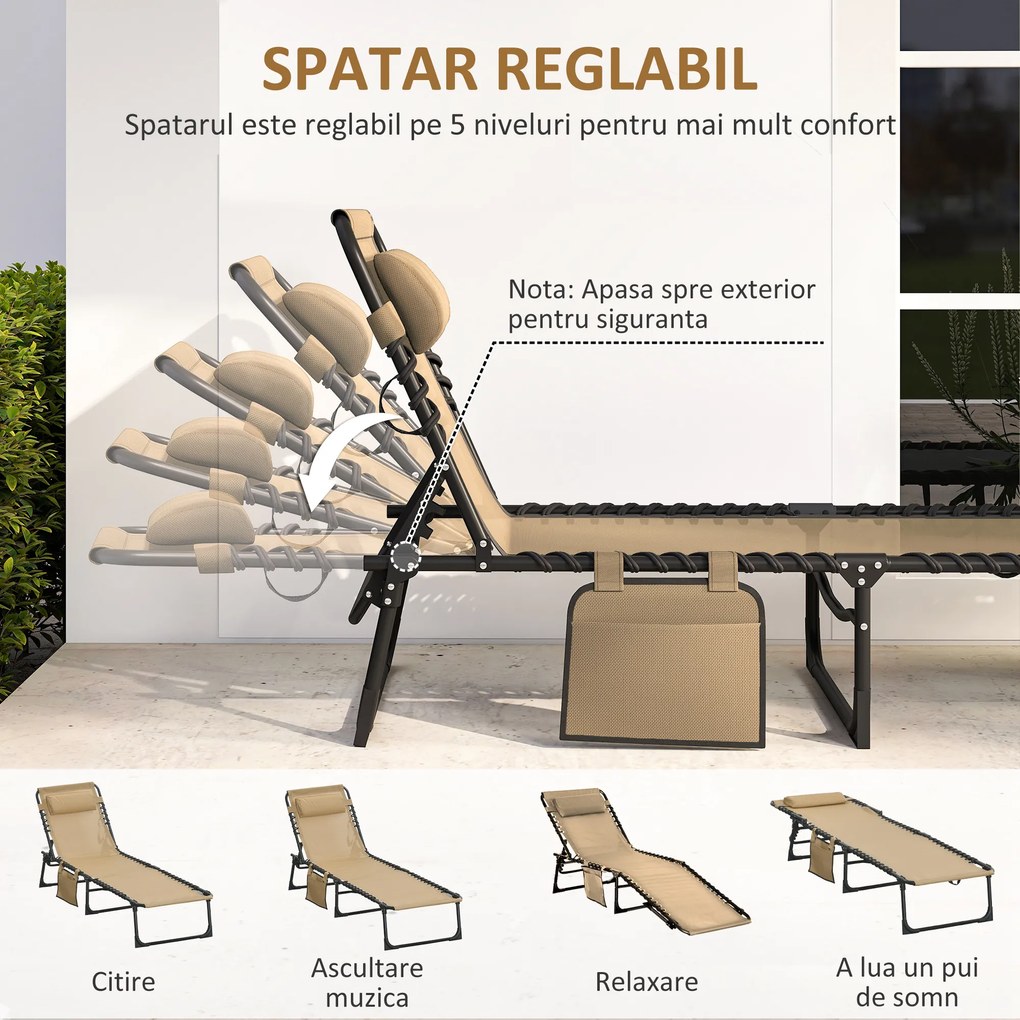 Outsunny Portable Sun Lounger, Folding Camping Bed 5-position Adjustable Grey | Aosom Romania