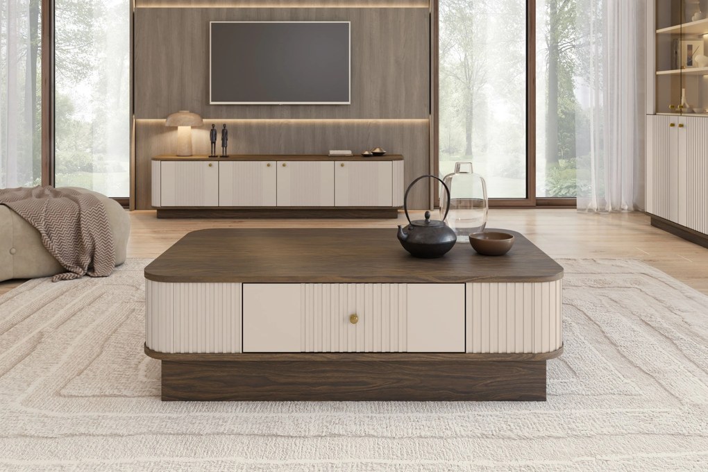 Măsuță de cafea Vesper 103x60 cm cu sertar pe plintă - cașmir / nuc / mâner auriu