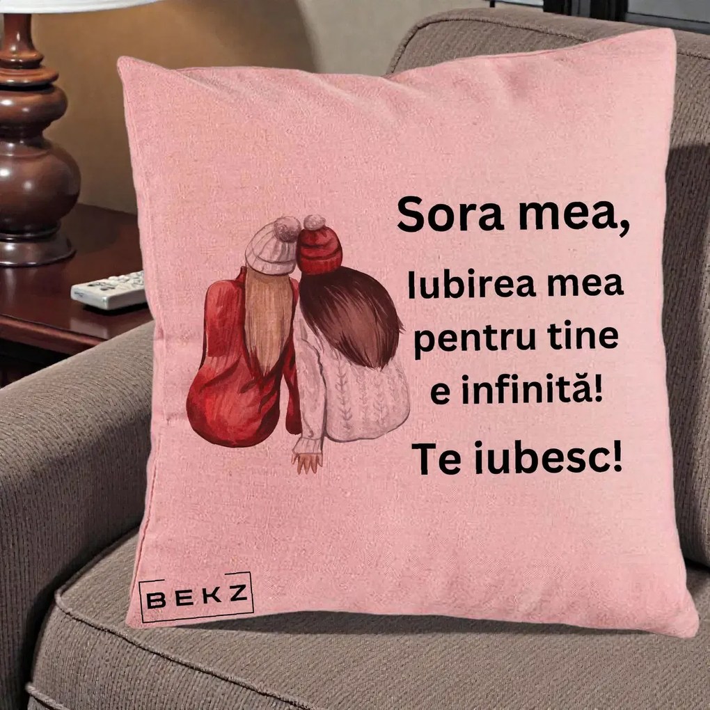 Perna personalizata sora: Sora mea, te iubesc, iarna, acuarela, 40x40 cm cu Umplutura, Roz, BEKZ