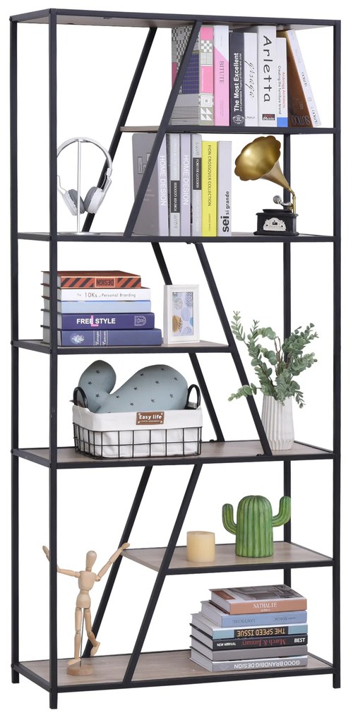 HOMCOM Biblioteca cu 9 Rafturi Trapezoidale Deschise Lemn, Atirasturnare, Cadru din Metal, Negru, 100x30x182cm