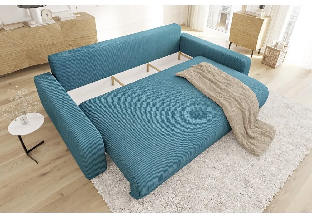 Canapea turcoaz extensibilă, cu spațiu de depozitare, cu tapițerie din catifea reiată 234 cm Sara – Ropez