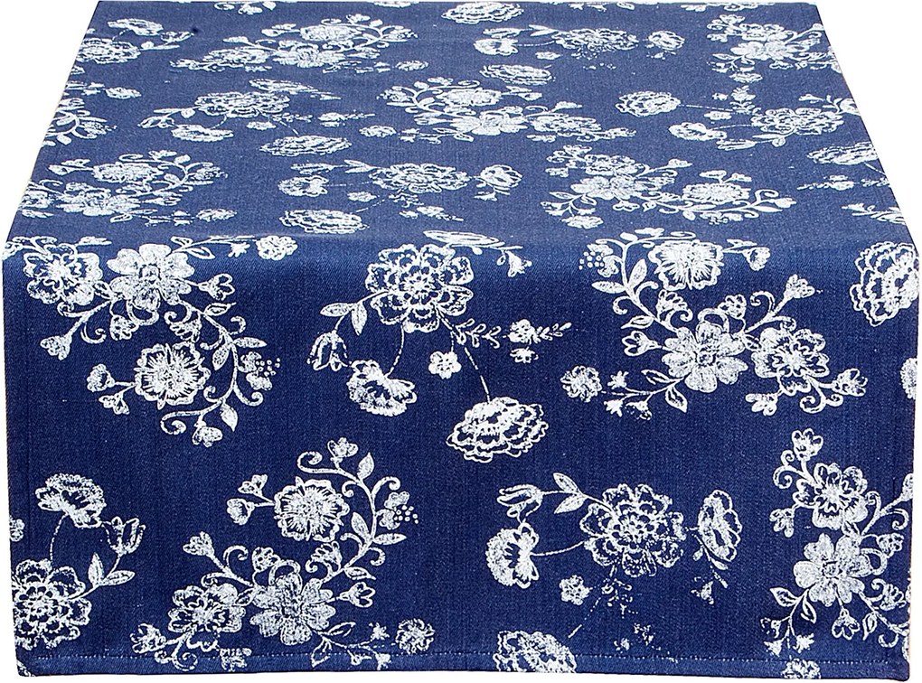 Fata de masa bumbac albastru alb Flowers 50*140 cm