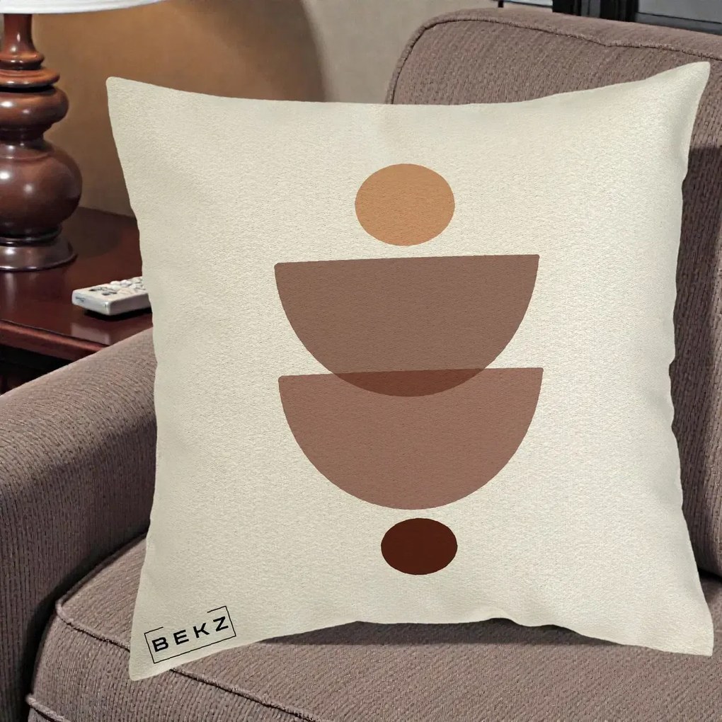 Perna Decorativa Geometric Boho Semicercuri Brun, 40x40 cm, Ecru, Husa Detasabila, Perna Inclusa, BEKZ®