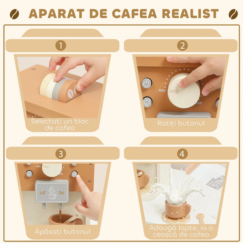 AIYAPLAY Set de joacă cu mașină de cafea din lemn, pentru copii de 3 ani cu accesorii, Maro | Aosom Romania
