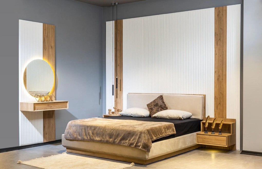 Set complet pat cu tablie tip perete decorativ, noptiere si iluminat integrat ege (160x200)