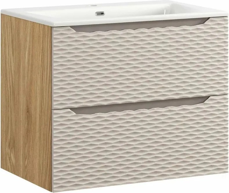 Set dulap baza suspendat 70 cm cu lavoar Comad Ocean bej si stejar uleiat