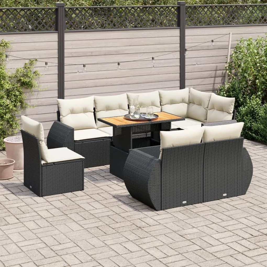 3327276 vidaXL Set mobilier de grădină cu perne, 9 piese, negru, poliratan