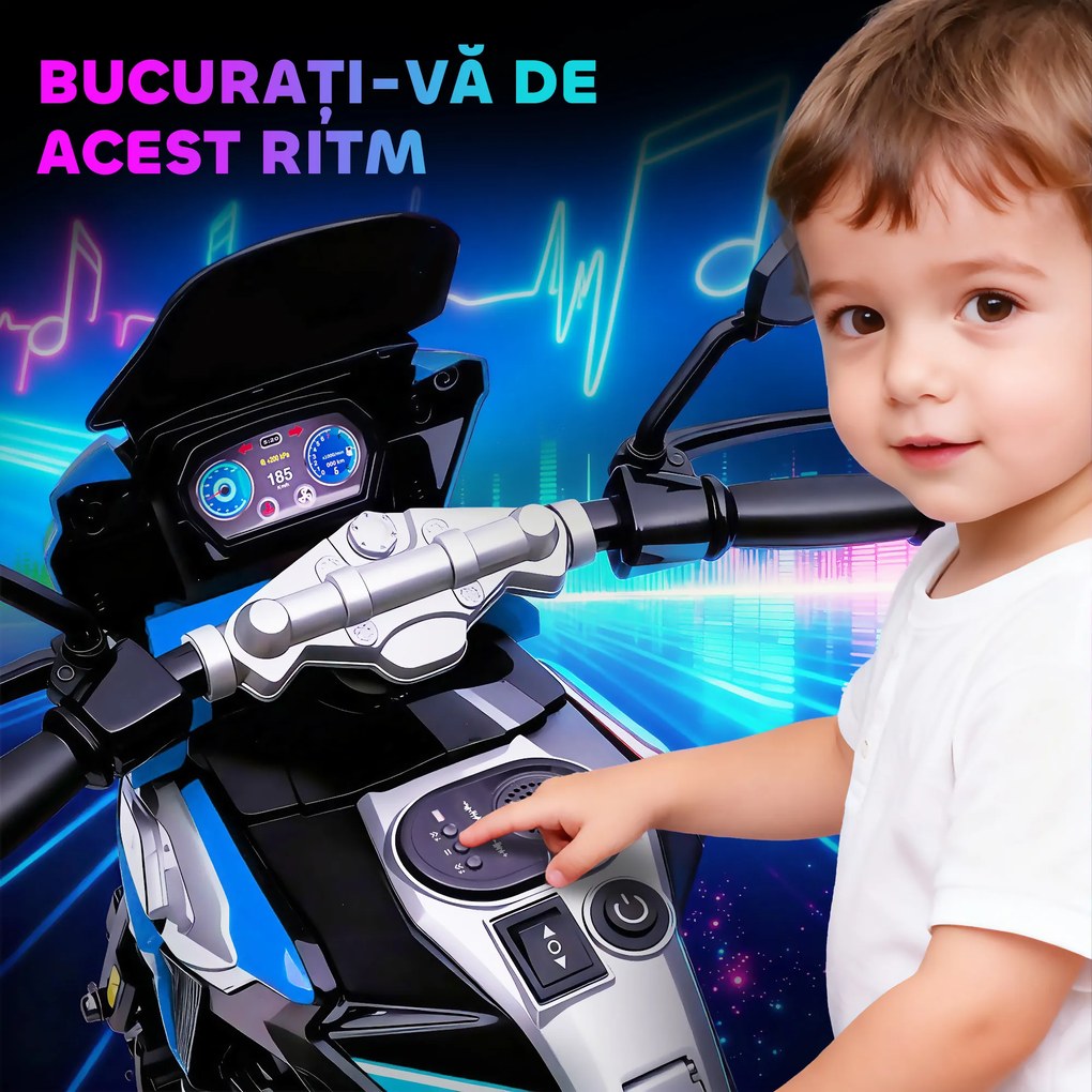 AIYAPLAY Motocicletă Electrică pentru Copii 18-36 Luni, 6V Motocicletă Electrică pentru Copii cu Roți Detașabile, Faruri, Muzică, 2.4 km/h Mini Motocicletă cu Far, Max 30kg, Albastru | Aosom Romania
