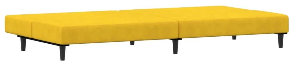 Canapea extensibila cu 2 locuri si taburet, galben, catifea Galben, Cu suport de picioare
