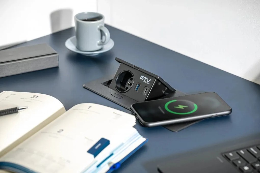 Priza incastrabila model AVARO PLUS, 1 iesiri Schuko, 1xInductie 5W, 1xUSB-A, 1xUSB-C, finisaj negru