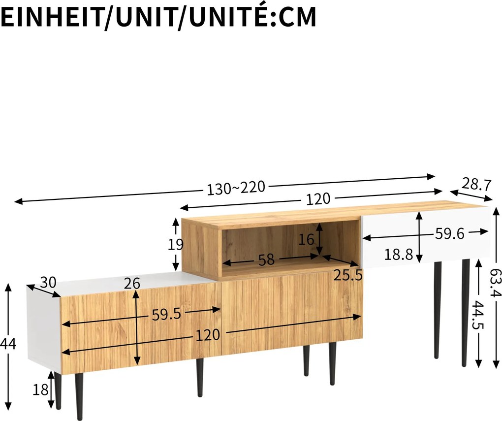 Comodă TV cu lungime reglabilă, design modular 2-piese, 130-220L x 30P x 63,4Î cm, Culoare naturală