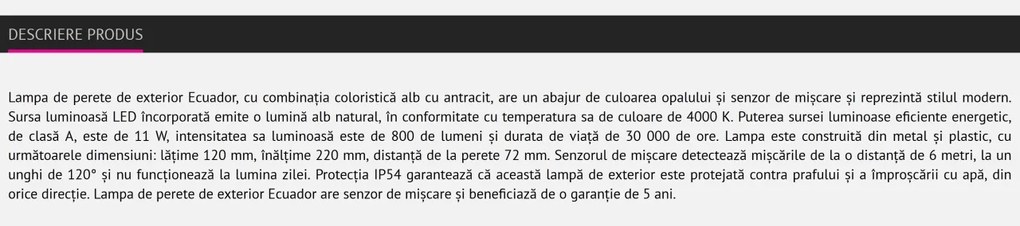 Aplica perete LED exterior cu senzor de miscare IP54 Ecuador 7997 RX