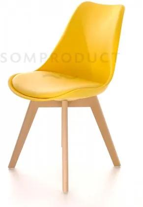 Scaun din plastic cu picioare din lemn si sezut tapitat cu piele ecologica Sven Yellow, l46xA43xH80 cm
