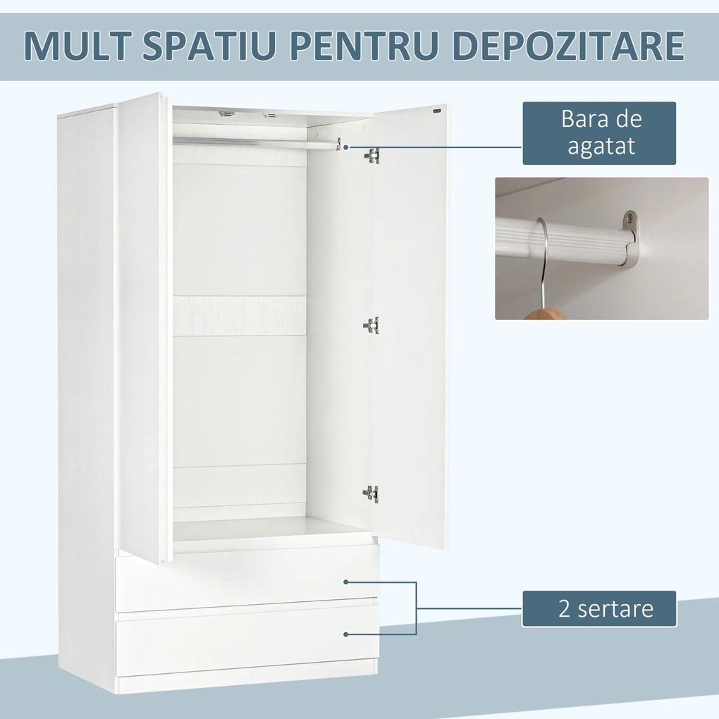 HOMCOM Dulap pentru Haine Alb cu Cuier și 2 Sertare Glisante, Design Modern pentru Dormitor, 100x60x200 cm | Aosom Romania