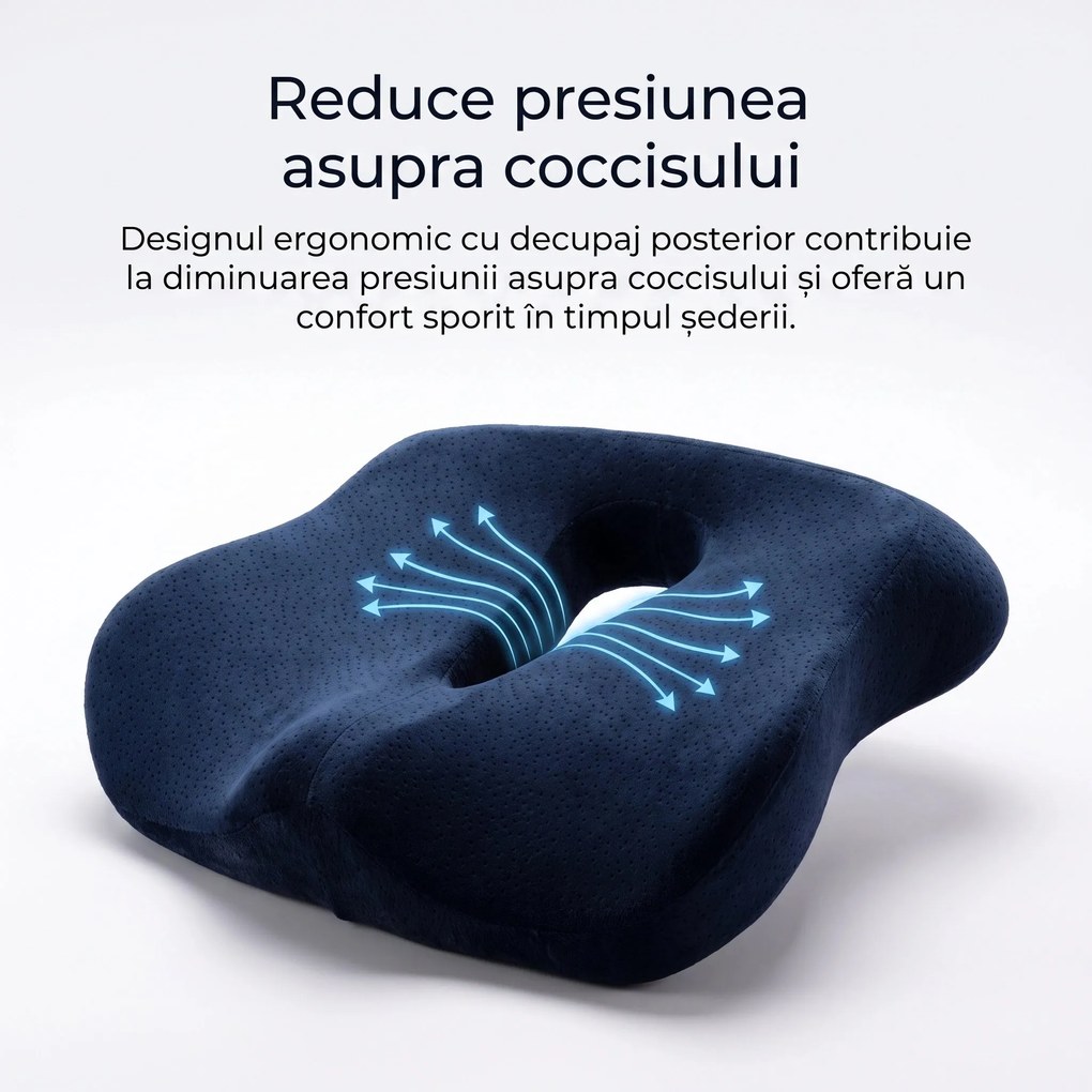 Perna ortopedica sezut memory foam cu decupaj pentru prostata, hemoroizi si coccis, Bleumarin