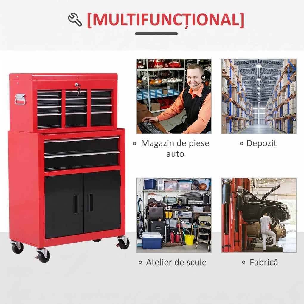 HOMCOM Cutie pentru Unelte pe Roți cu 6 Sertare, 2 în 1, Dulap Spațios cu Încuietoare, Metal, Roșu | Aosom Romania