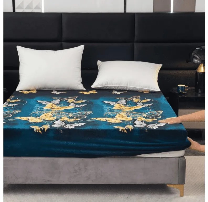 Cearsaf Cocolino microplus cu elastic FLUTURE AURIU SI ALB 160x200 cm verde inchis