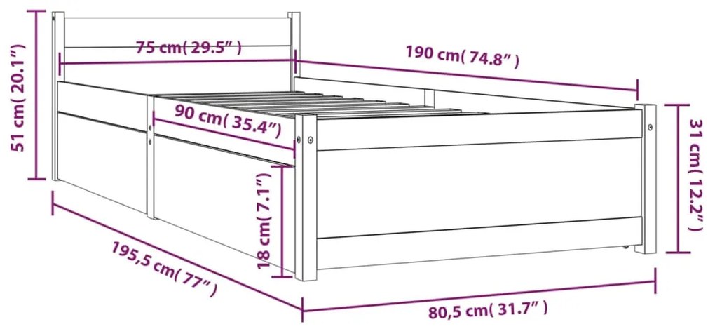 Cadru de pat cu sertare Small Single 2FT6, 75x190 cm Maro, 75 x 190 cm