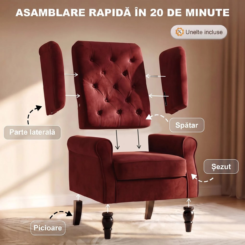 HOMCOM Fotoliu pentru Dormitor din Catifea Ice Velvet, cu Șezut Amplu și Picioare din Lemn de Eucalipt, Roșu Vișiniu | Aosom Romania