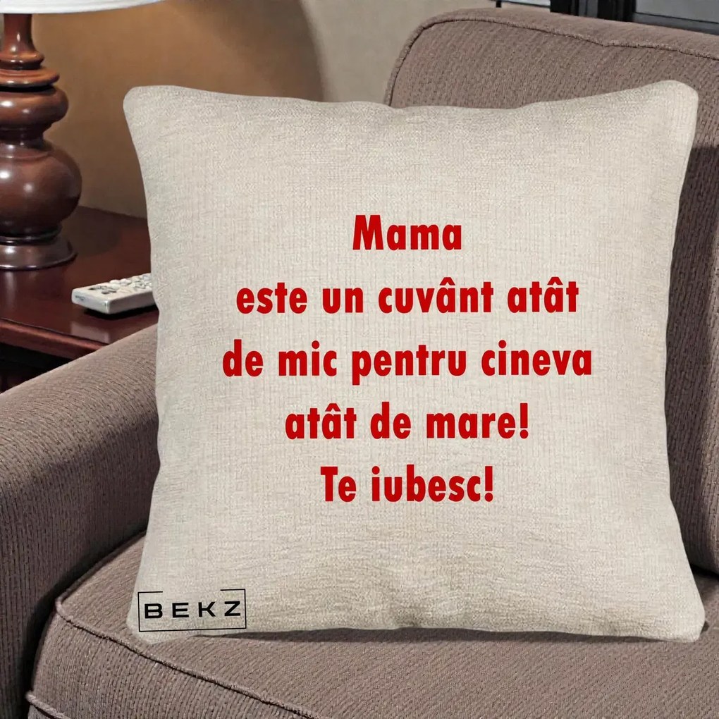 Cadou pentru Mama - Perna Personalizata Mama Cuvant Mic, 40x40 cm, Bej Canapea, Husa Detasabila, Perna Inclusa, BEKZ®