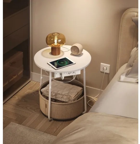 Masă laterală NOIRA, bej/alb, cu prize și porturi USB încorporate