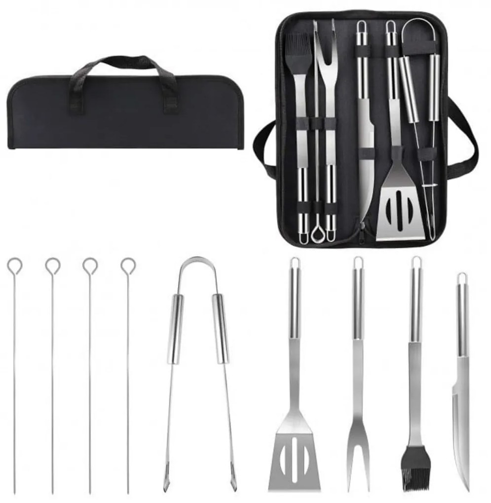 Set 9 ustensile gratar din inox HouseXL BBQ, Cu geanta transport inclusa, Cleste, Spatula, Furculita, Cutit, Perie gratar si Frigarui