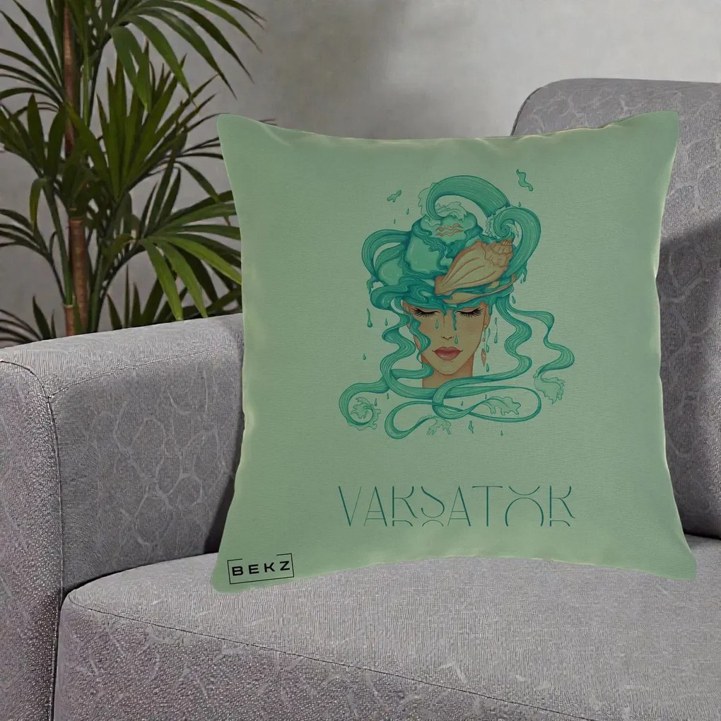 Perna Personalizata Zodiac Varsator Cowgirl, 40x40 cm, Verde, Husa Detasabila, Perna Inclusa, BEKZ®
