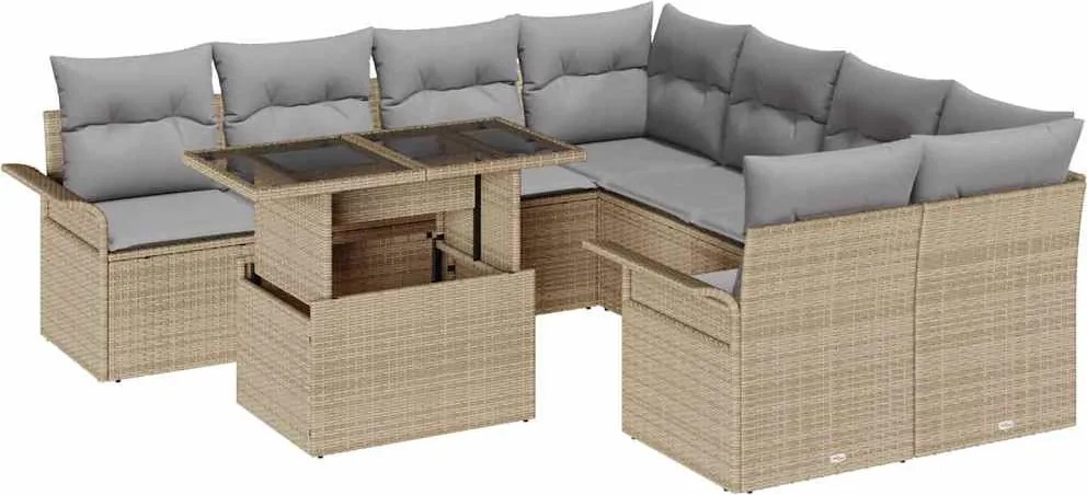vidaXL Set de canapele pentru grădină cu pernă 9 pcs Bej Poli Rattan