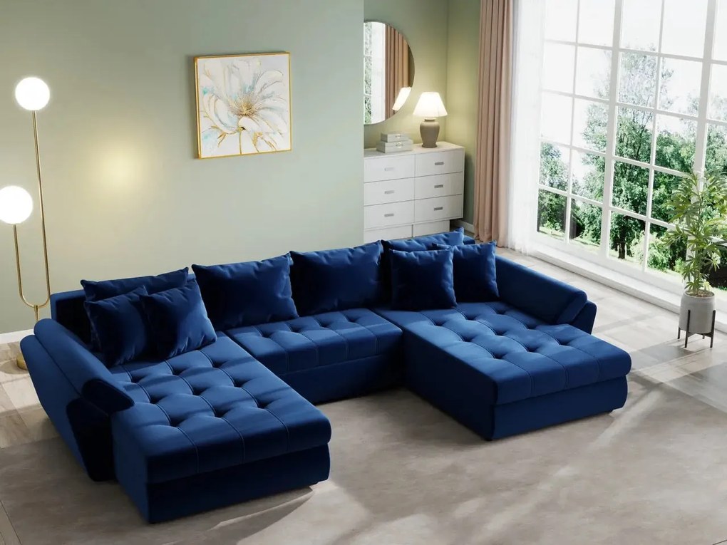 Colțar extensibil dumonde cu ladă de depozitare si sezut confortabil din spuma high-density, Loana U Royal Blue 355x185 cm
