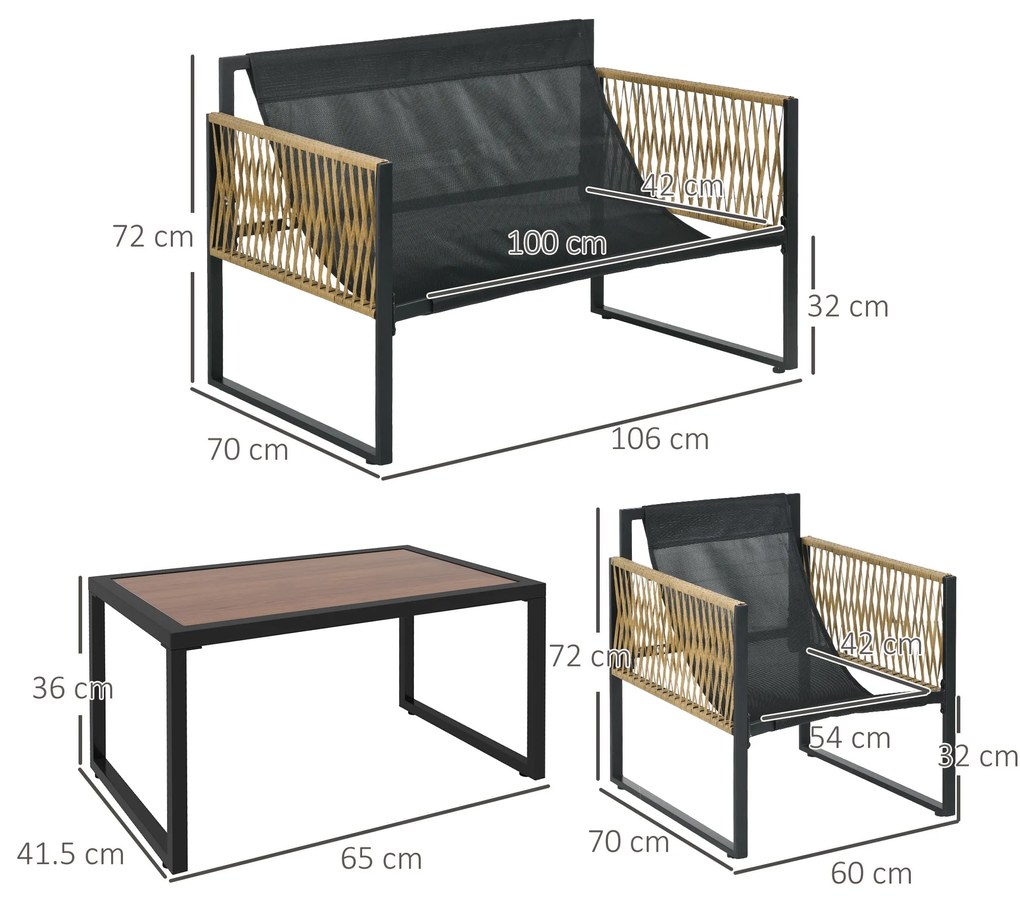 Outsunny Set de Mobilier de Grădină din 4 Piese PE Rattan cu Canapea Dublă, Fotoliu, Măsuță de Cafea din Sticlă, 106x70x72 cm, Gri