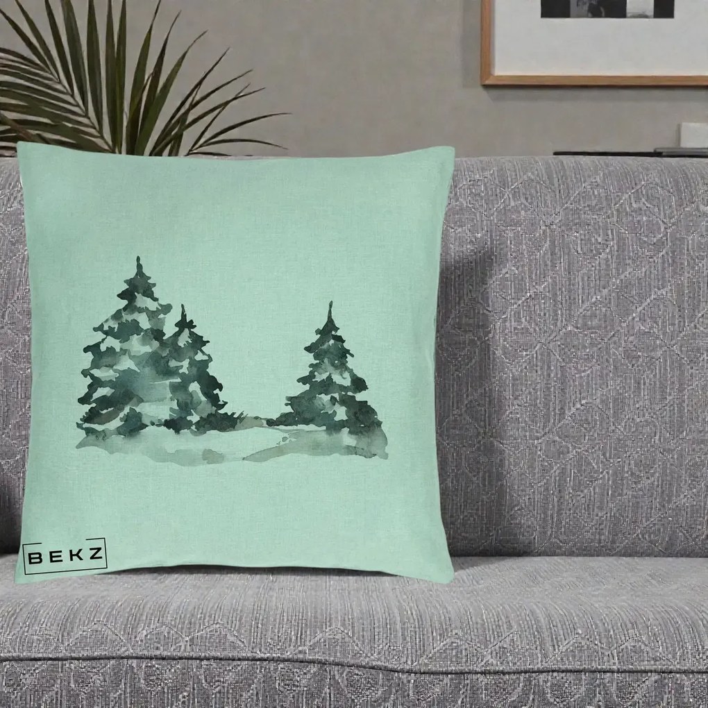 Perna Decorativa Brazi Inzapeziti Acuarela, 40x40 cm, Verde Menta, Husa Detasabila, Perna Inclusa, BEKZ®