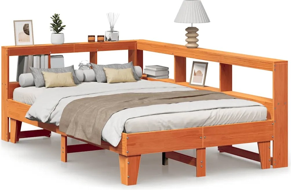 vidaXL Pat cu bibliotecă fără saltea maro 135x190 cm lemn masiv de pin