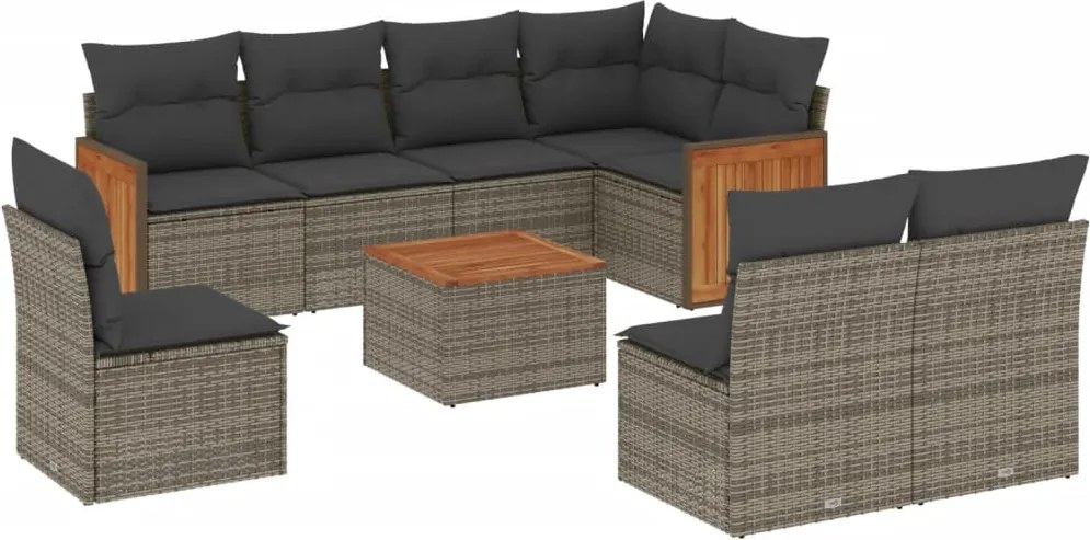 vidaXL Set canapele de grădină, 9 piese, cu perne, gri, poliratan