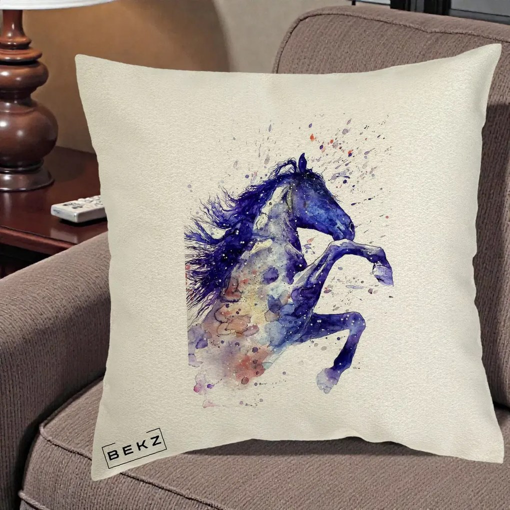Perna Decorativa Cal Albastru Acuarela, 40x40 cm, Ecru, Husa Detasabila, Perna Inclusa, BEKZ®