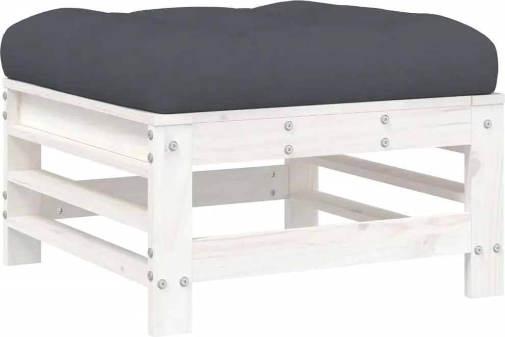 vidaXL Taburet de grădină cu pernă, alb, lemn masiv de pin