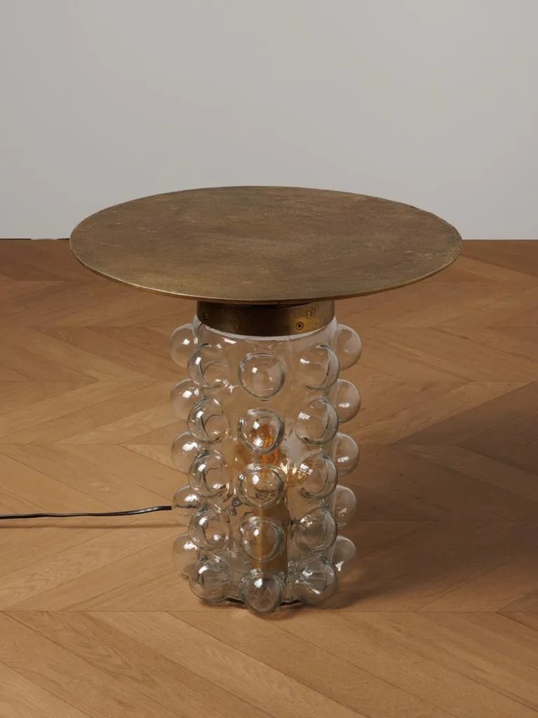 Măsuță laterală iluminată rotundă din metal și sticlă, auriu, cu bază din sticlă cu bule, finisaj antichizat, 45 x 45 cm, „Mirobola”