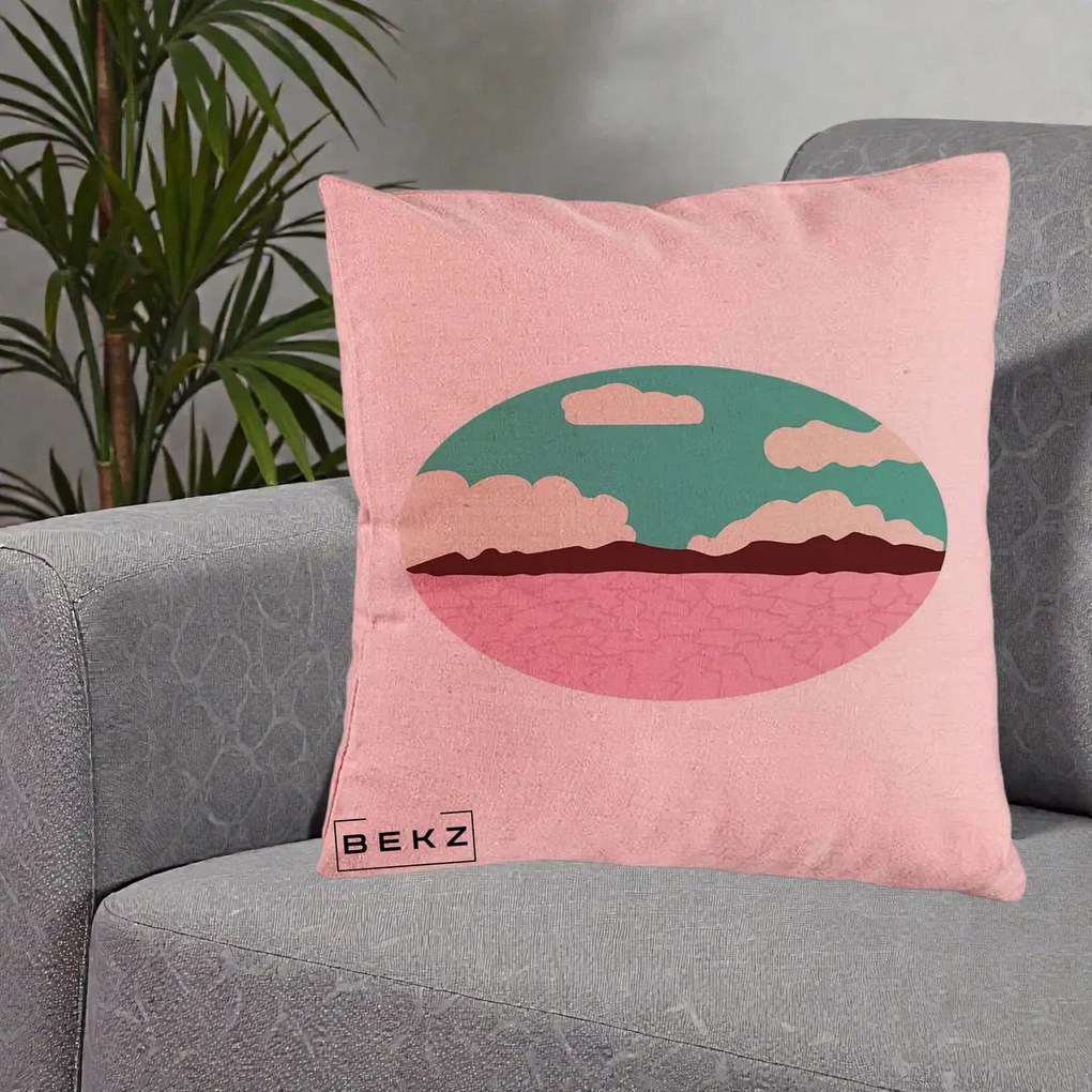 Perna Decorativa Peisaj Desert Oval Pastel, 40x40 cm, Roz, Husa Detasabila, Perna Inclusa, BEKZ®