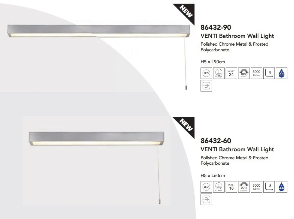 Aplica de perete LED pentru baie IP44 Venti, L-60cm
