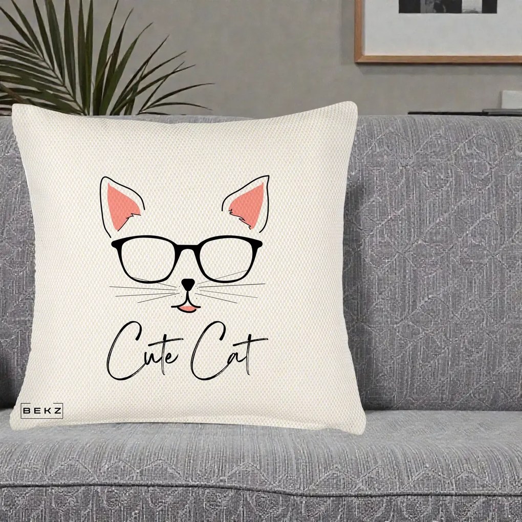 Perna Personalizata Cute Cat cu Ochelari, 40x40 cm, Crem Reliefat, Husa Detasabila, Perna Inclusa, BEKZ®