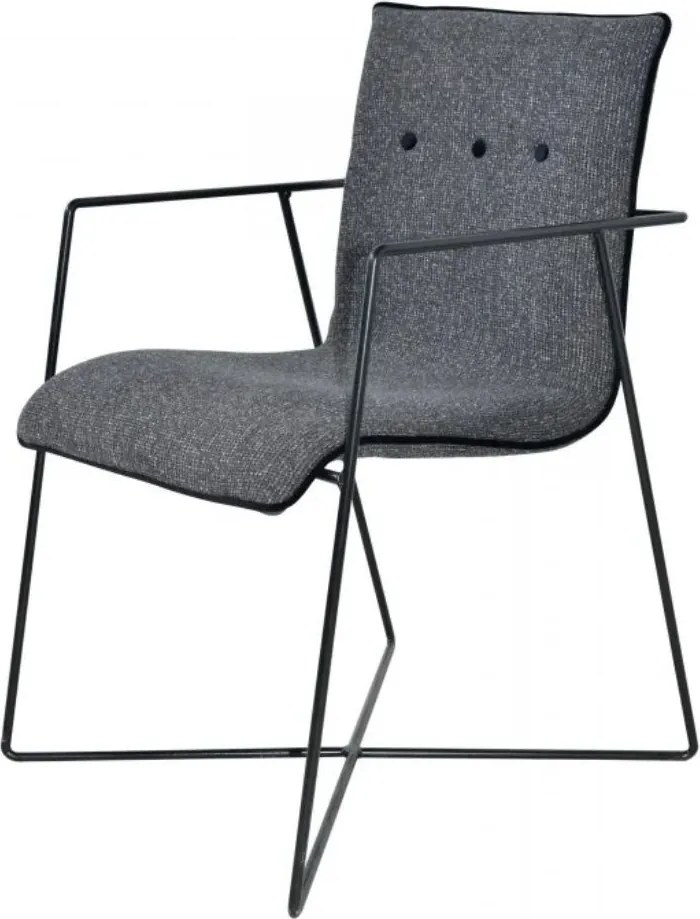 Scaun dining cu brațe tapițat eclectic din metal și stofă tweed, gri, cu picioare negre încrucișate, 87 x 60 x 53 cm, „Saint-Tropez”