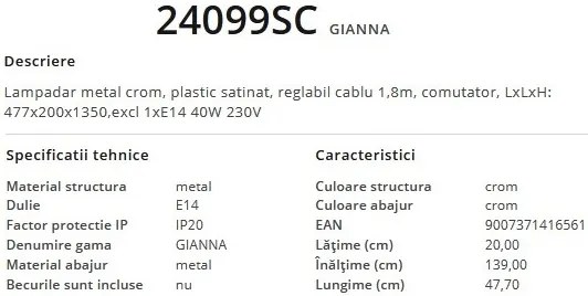 Lampadar, lampa de podea design modern GIANNA crom 24099SC GL