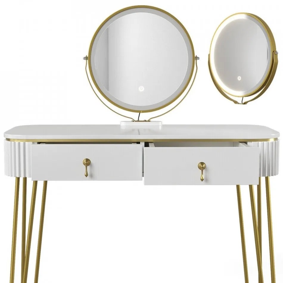 SEA398 - Set Masa toaleta, 100 cm, cosmetica machiaj, oglinda cu LED - Alb Lucios - Auriu