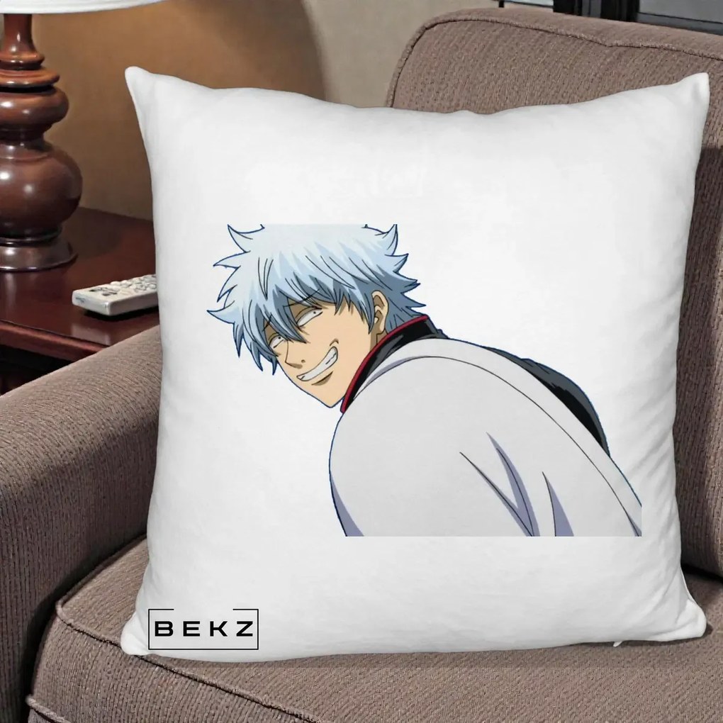 Perna Personalizata Gintama Gintoki Portret cu Zambet, 40x40 cm, Alb Pufos, Husa Detasabila, Perna Inclusa, BEKZ®