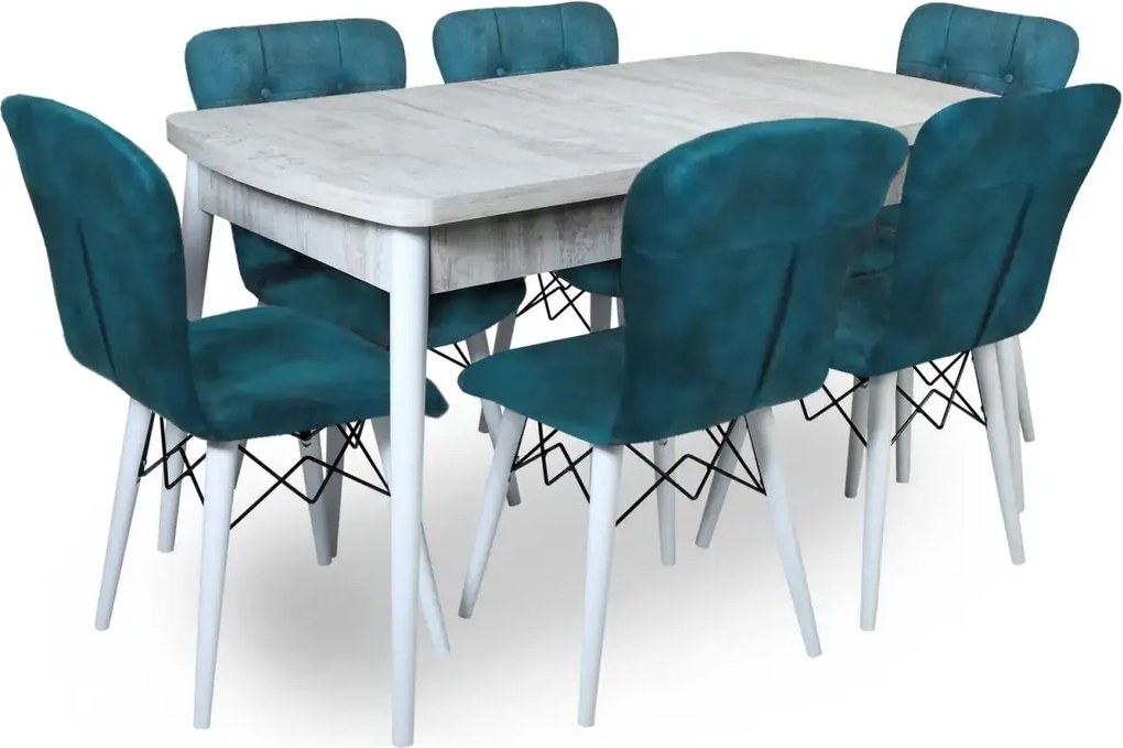 Set masa extensibila cu 6 scaune tapitate Homs cristal-blue-picior-alb-170 x 80 cm