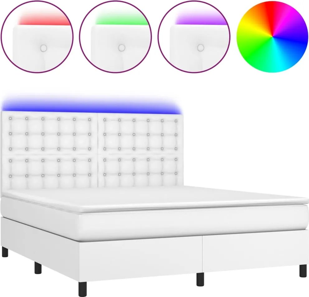 vidaXL Pat cu arcuri, saltea și LED, alb, 160x200 cm, piele ecologică
