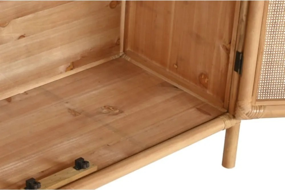 Bufet din lemn masiv și ratan, natur, cu 2 uși, 1 sertar și panouri din ratan împletit, finisaj natural, 100 x 100 x 40 cm, „Cajon”