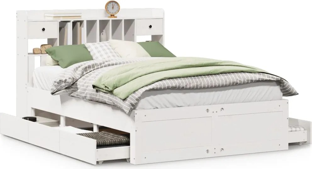 vidaXL Pat cu bibliotecă fără saltea, alb, 150x200 cm, lemn masiv pin