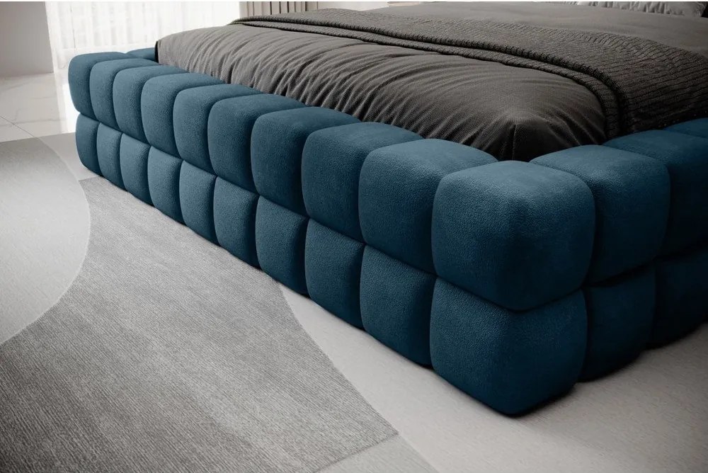 Pat matrimonial albastru tapițat cu spațiu de depozitare cu somieră 140x200 cm Dizzle – ELTAP