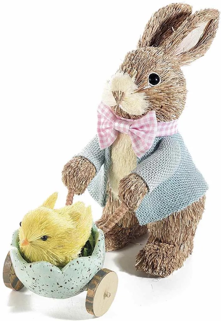 Figurina Iepuras Paste Boy cu carucior textil fibre naturale cm 25 x 11 cm x 22 h
