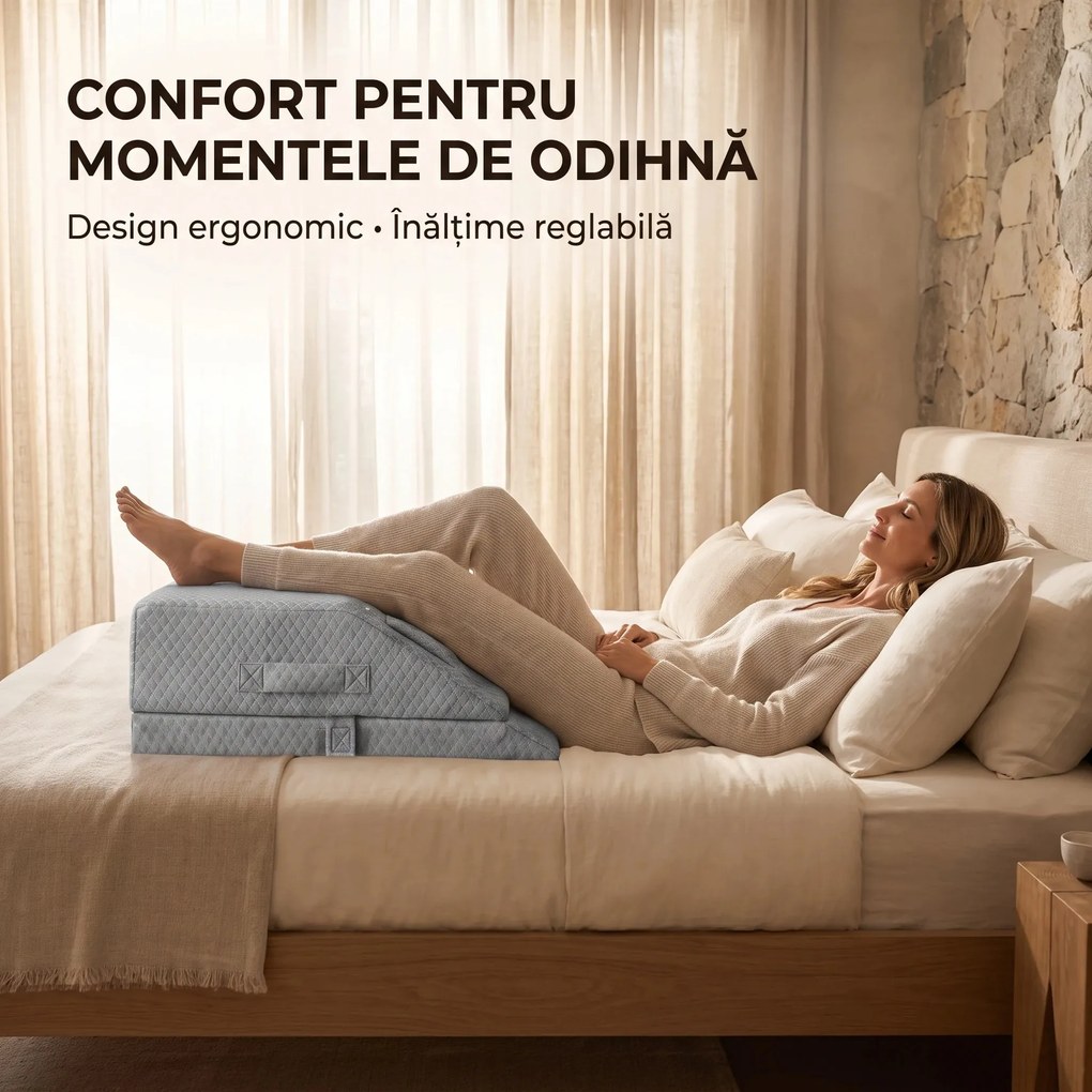 Perna ortopedica ridicare picioare memory foam, inaltime reglabila, husa Tencel, Gri
